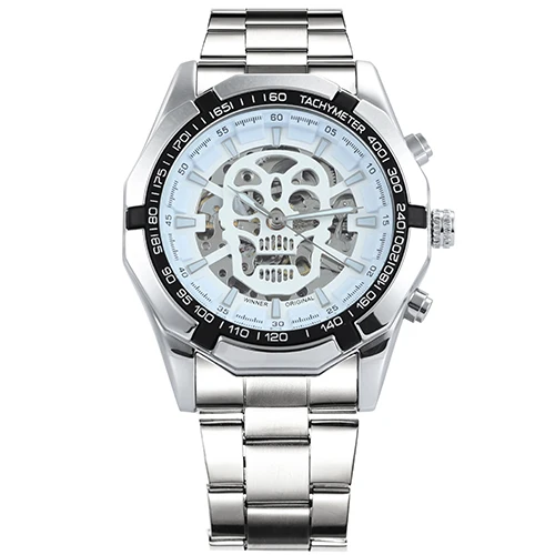 WINNER официальный для мужчин s часы лучший бренд класса люкс автоматические механические часы для мужчин Стальной ремешок хип хоп Череп Скелет циферблат наручные часы - Цвет: SILVER WHITE