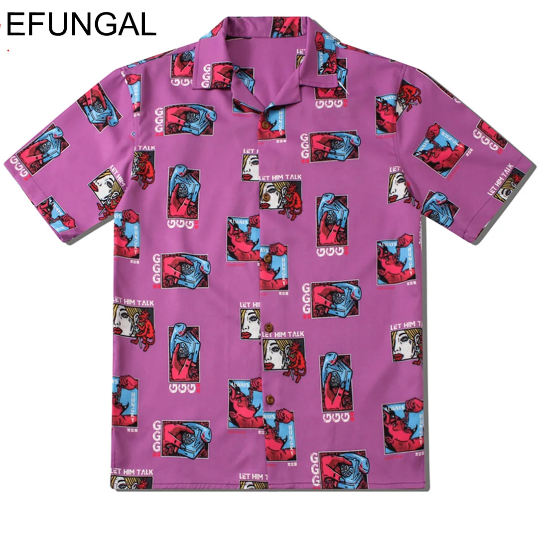 

EFUNGAL Character 3d Print Hawaii Shirts Men Turn-down Short Sleeve Hip Hop Tops Beach Tee Shirt Harajuku Japanese Streetwear