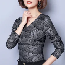 Весна Женская Мода тонкий сексуальный v-образным вырезом с длинным рукавом Элегантная футболка Топы корректирующие женские Повседневное плюс Размеры под Рубашки для мальчиков футболка