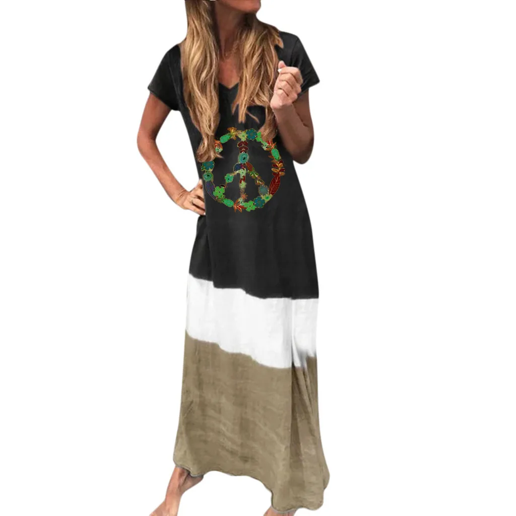 Women Dress Summer Women Printing Color Block Loose V Neck Dress Short Sleeve Maxi Dress Short Sleeve Maxi Dress Beach
