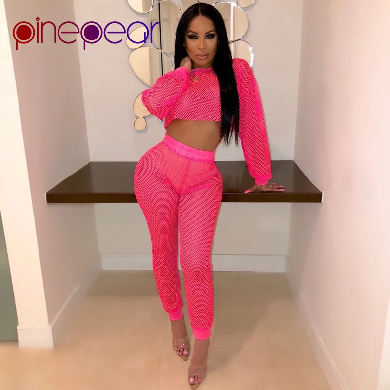 

PinePear Fishnet Long Sleeve Crop Top and Pants Two Piece Set Sexy Club Wear 2019 Women Hollow Out Matching Sets Drop Shipping