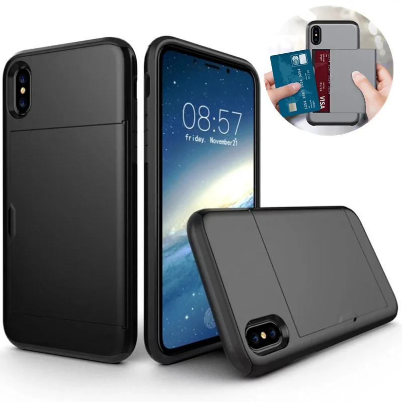 

For Iphone 11 Pro Max Hybrid Tough Armor Slide Card Holder Back Cover For iphone 6 6s 7 8 Plus 5 X XS MAX XR Luxury Wallet Case