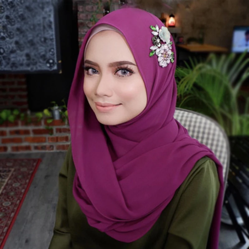 

Diamond Handmade Georgette Chiffon Maxi Hijab Scarf Nice Veils Muslim Women Plain Bubble Headscarf Wrap Turban Fimtariah