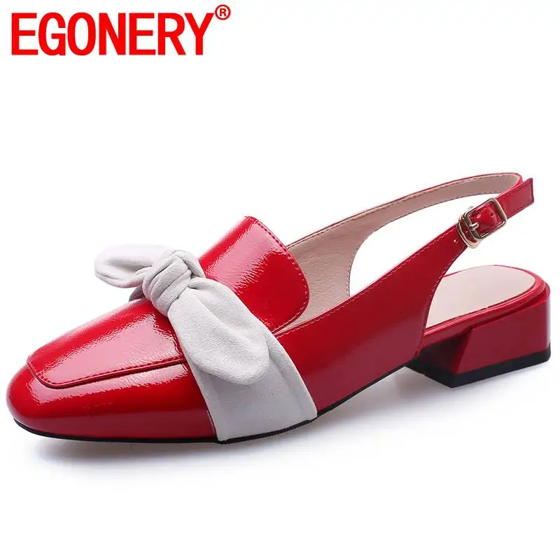 

EGONERY office slingbacks pumps woman summer patent leather butterfly-knot low heels women square toe pu shoes red black white