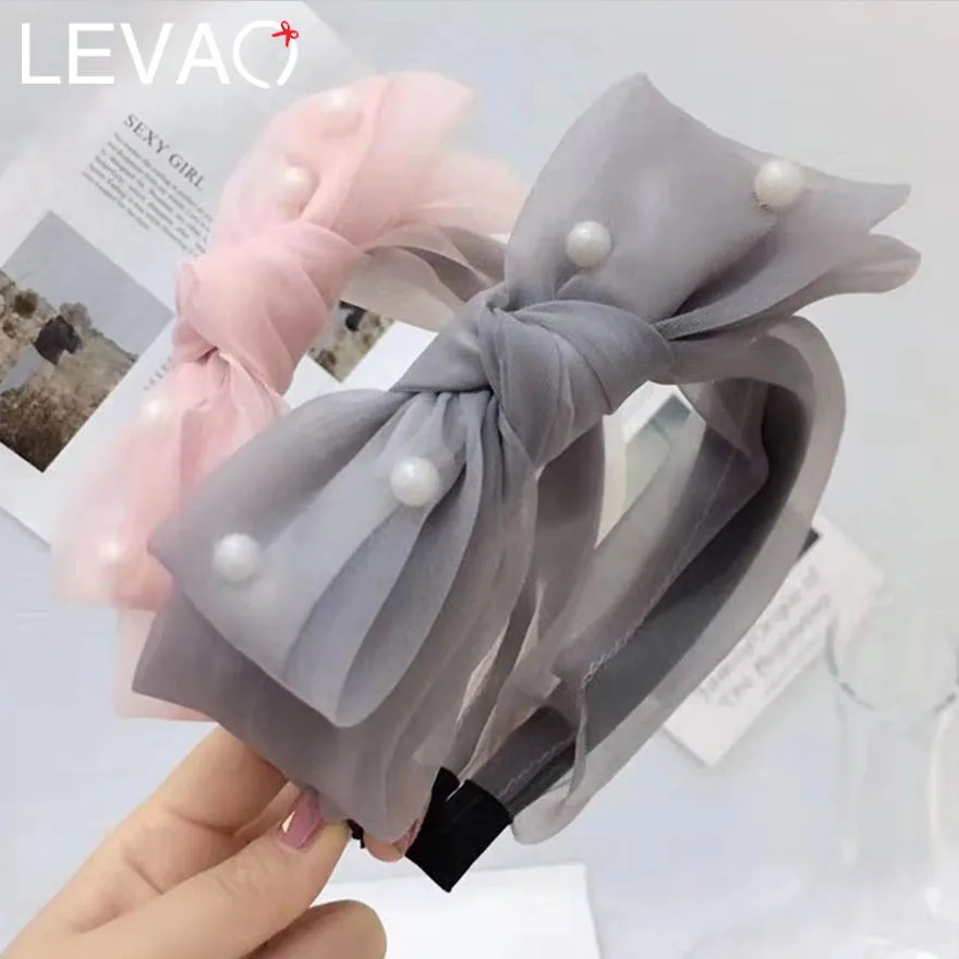

LEVAO Gorgeous Silk Big Bow with Pearl Hairband for Girls/Women Simple Solid Mesh Lace Multi-layer Wide-edged Headband for Party