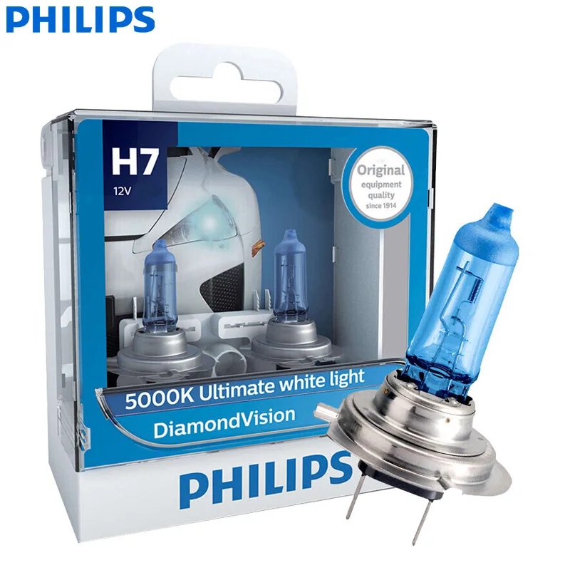 Philips Diamond Vision H1 H4 H7 H8 H11 9005 9006 HB3 HB4 12V DV 5000K холодный белый светильник, автомобильный галогенный головной светильник, противотуманная фара(двойной - Испускаемый цвет: H7