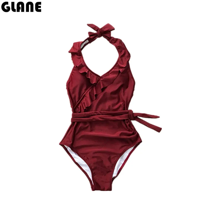 2018 Plus Size Ruffle One Piece Swimsuit Red wine Lace Cap Sleeve Women