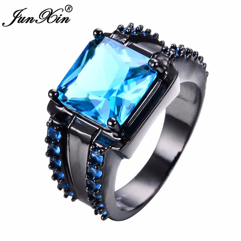 

JUNXIN Fashion Men White/Blue/Red Stone Ring Gorgeous Square Design Zircon Finger Ring Vintage Party Wedding Rings Jewelry Gifts
