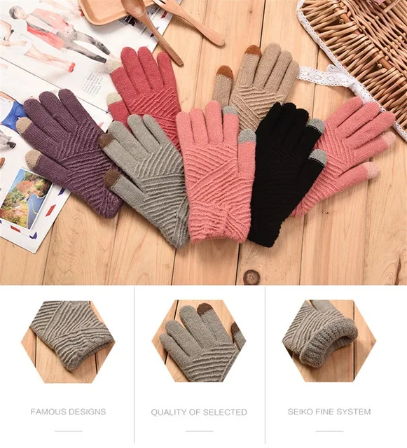 Women Gloves Winter Woolen Knitted Gloves Touch Screen Mittens Keep Warm Female Winter Full Finger Stripe Gloves Fashion Autumn -