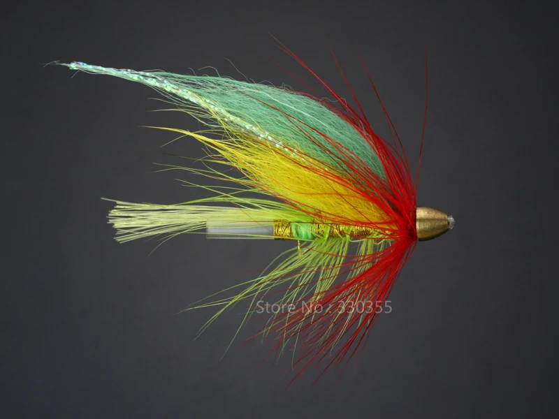 

100Pcs Tube Fly Green Cone Heads Green/Red Salmon And Sea Trout Fly Fishing Flies Lures