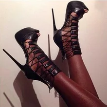 Новые летние женские черные кожаные сандалии на платформе с вырезами и перекрестными ремешками босоножки на очень высоком каблуке с застежкой-молнией модельные туфли