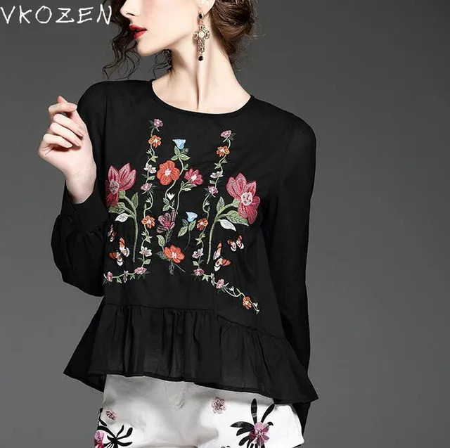 2017 Fashion Women Blouses Flower Embroidery Casual Shirts Hem Ruffles Pleated Vintage Black