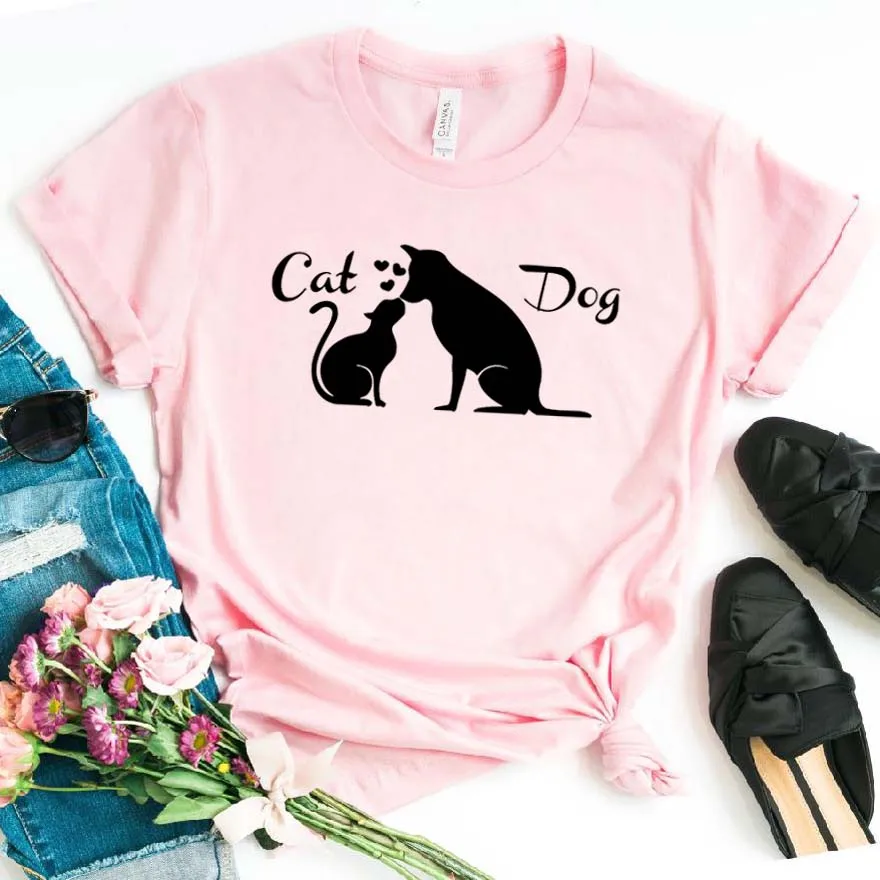 Любовь дружбы между собакой кошка Женская футболка смешные изделия из хлопка футболка подарок для леди Yong Девушка Топ тройник 6 цветов Прямая поставка S-805 - Цвет: Розовый