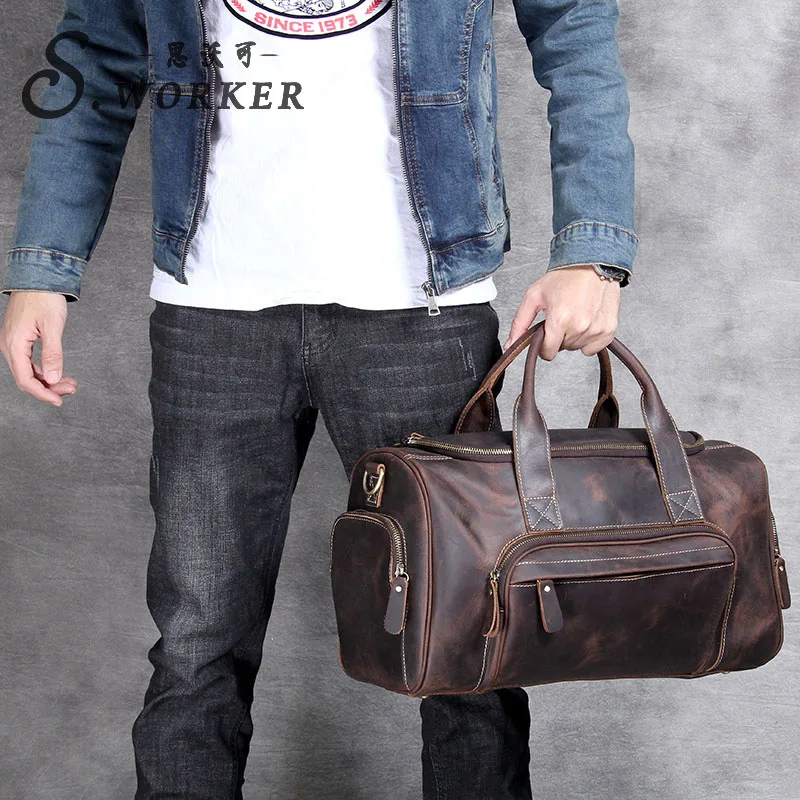 

Handmade original suede leather Men handbag big shoulder messenger travel bag men retro crazy horse leather portable duffel bags