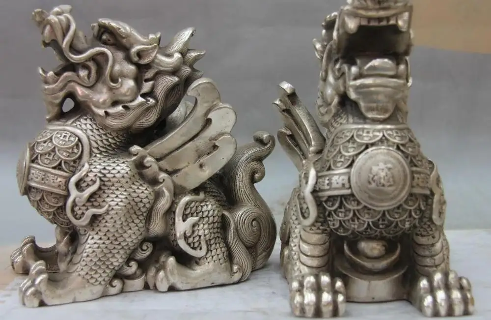 

China Folk White Copper Silver Statue Yuanbao Dragon Fu Foo Dog Lion kylin Kirin
