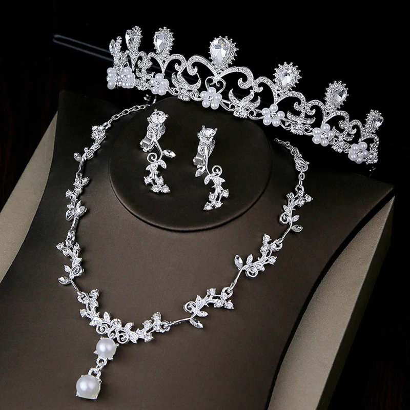 Свадебные ювелирные наборы свадебный набор с тиарой для невесты жемчужная Корона со стразами ожерелье и серьги набор серьги женские аксессуары