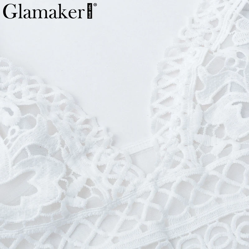 Glamaker Sexy lace transparent mesh bodysuit Women jumpsuit white bodycon black backless bodysuit Female summer bodysuit ladies