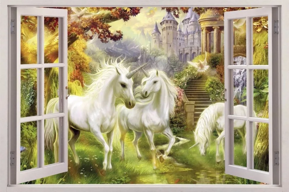 

Free shipping Unicorn Garden Window 3D Wall Decal Art waterproof Removable Wallpaper Forest Mural Sticker Vinyl Home Decor