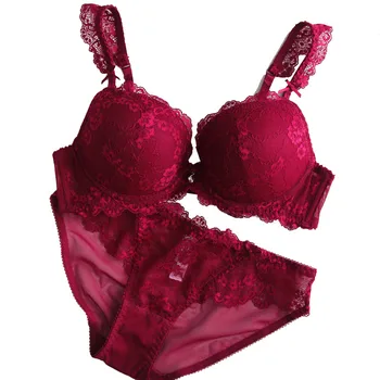 

Black friday deals Push up Bra Set Sexy Floral Embroidery Cup Lace Strap Thick Cotton Underwire Pad Bra Panty Kit Black/Wine Red