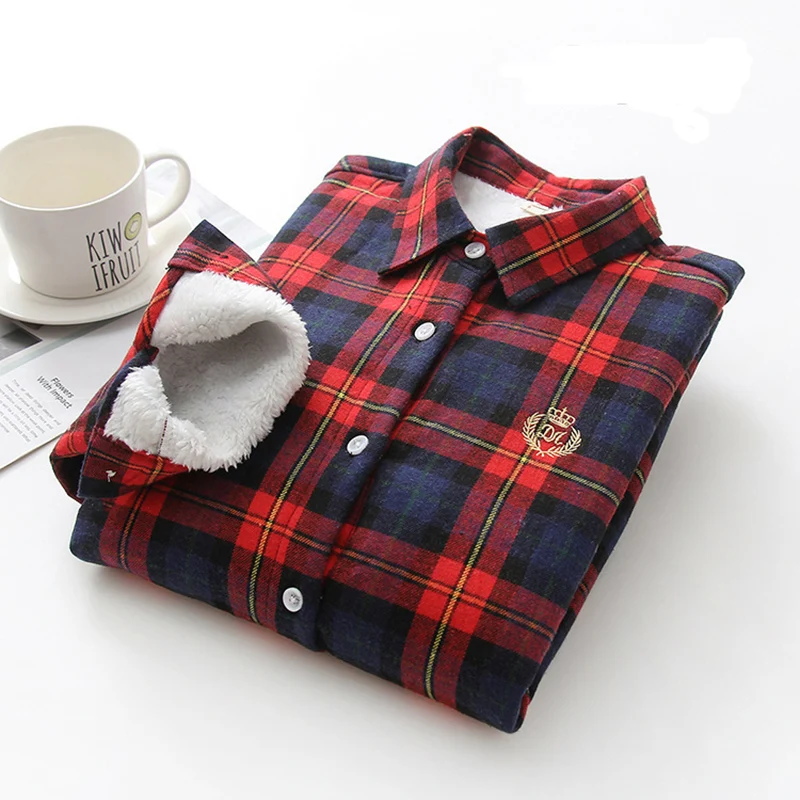 

Women Winter Velvet Thick Keep Warm Plaid Blouses Embroidery Long Sleeve Shirt 2019 Feminine Tops Shirts Checked Shirt Women