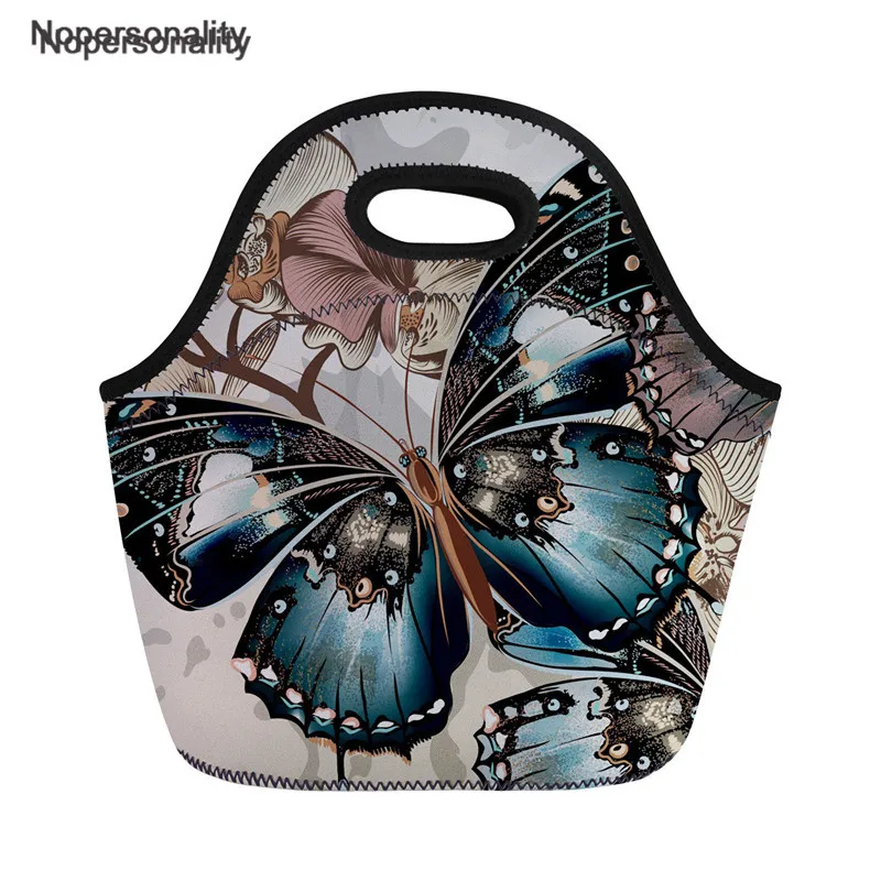 Nuevo  Nopersonality hermoso estampado de mariposa bolsas de almuerzo aislado Picnic térmica llevar de almacenamiento de bolsa con cierre de la caja de almuerzo de neopreno bolso de X1NpqWBD