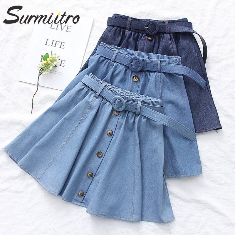 

Surmiitro Denim Mini Shorts Summer Skirt Women 2019 Spring Single Breast Belt High Waist A-line Sun School Jeans Skirt Female