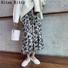 Милые повседневные Элегантные винтажные простые юбки трапециевидной формы с принтом «Alien Kitty»,, Весна-Осень, юбки с высокой талией, 2 цвета
