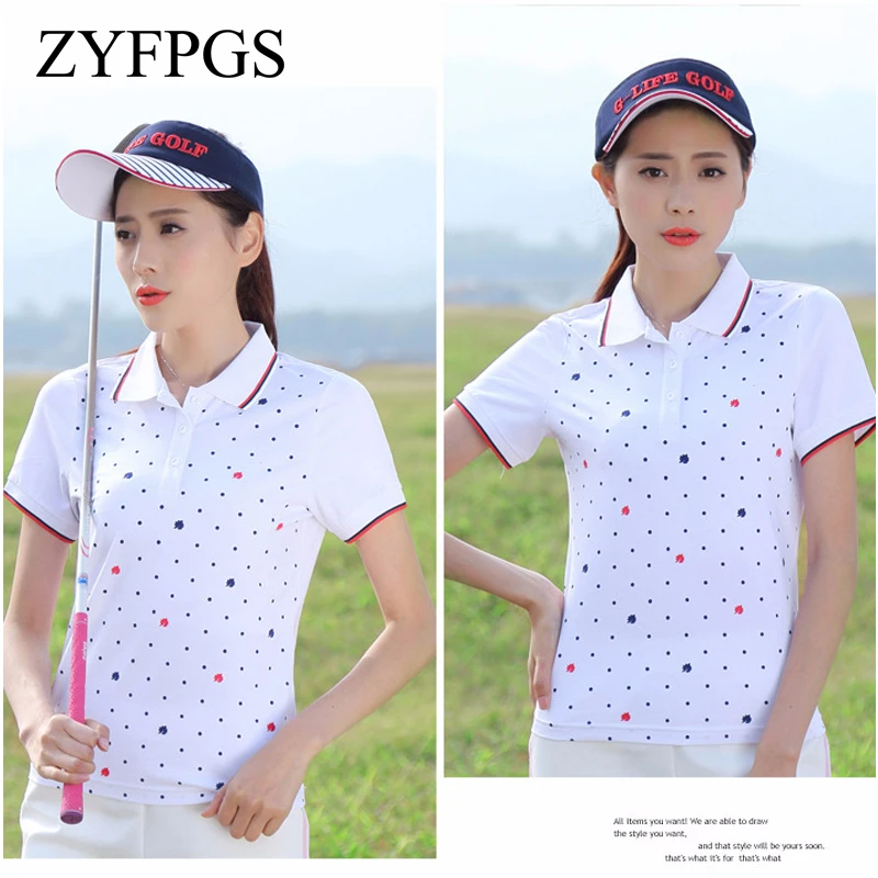 

ZYFPGS 2018 Summer T Polos Lady Printed Dots Solid Female Polos Short Sleeve Loose Lapel Cotton Shirts Horse Fashion L0520