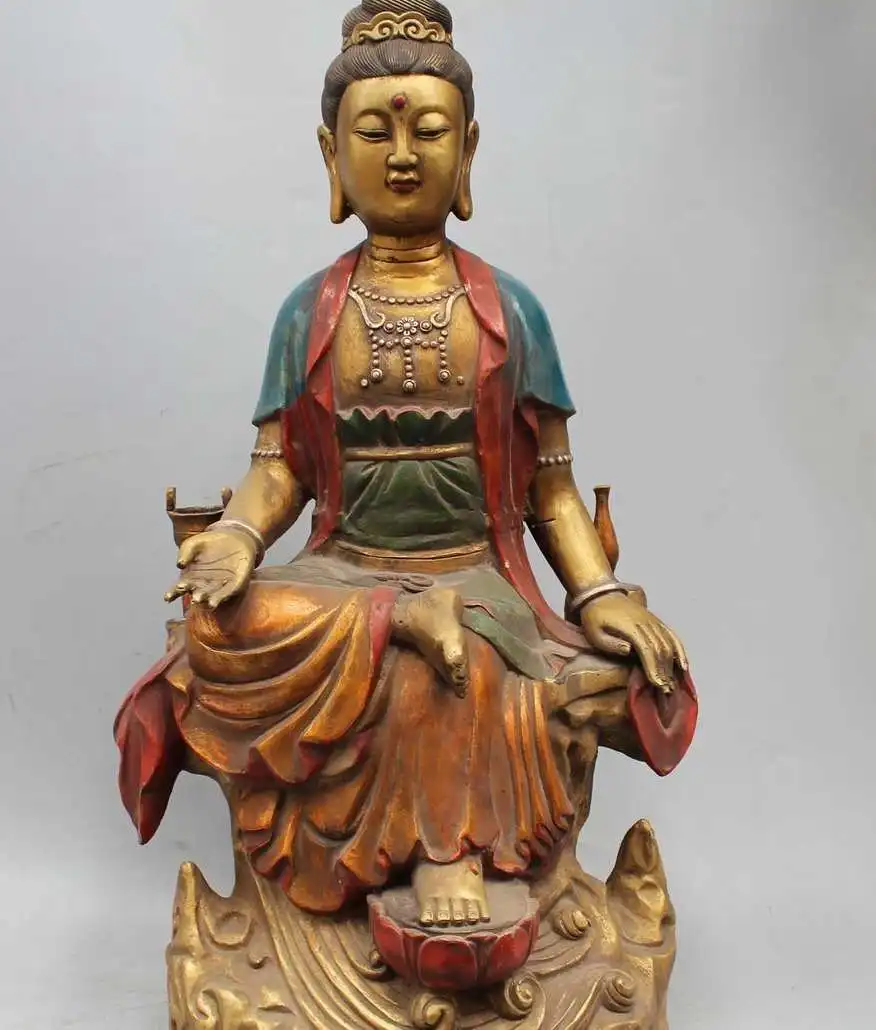

23" Chinese Buddhism Bronze Painting Seat Kwan-yin Guan Goddess Boddhisattva