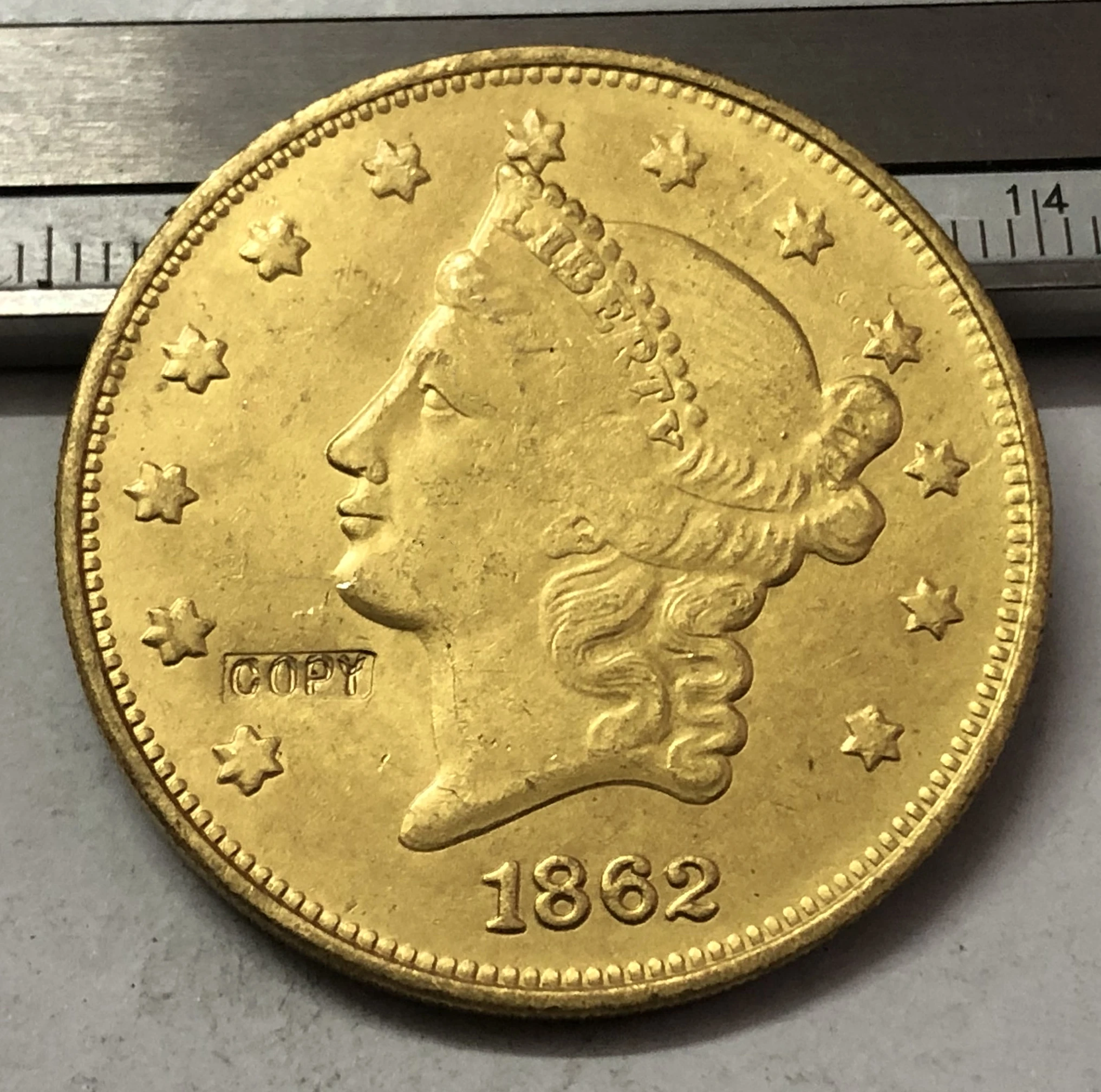 1862 P. O.S США LIBERTY HEAD (без девиза на обратной стороне) $20 позолоченная копия