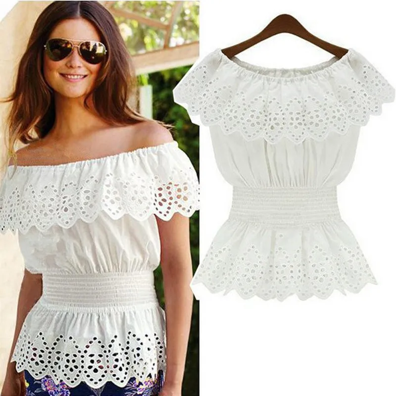 Prix Celmia Sexy Off Épaule Tunique Top Femmes Chemisier En Dentelle 2019 D été Volants Creux Blanc Blusas Sans Manches Chemises Occasionnelles Plus La Taille