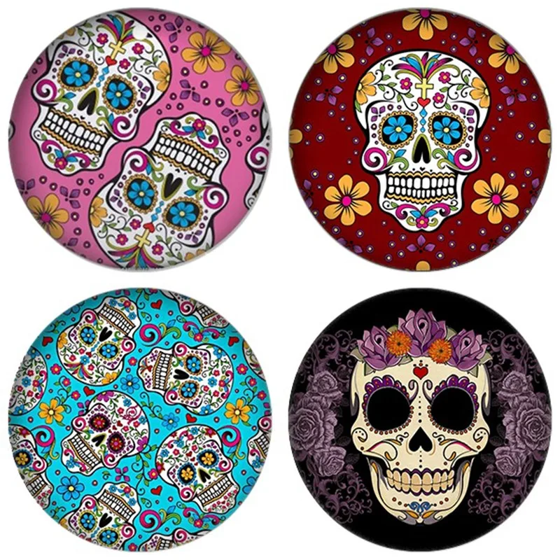 

ZDYING Round Glass Cabochon Skeleton Skull Flowers Pattern Glass Beads Demo Flat Back Making Findings 12mm/16mm/18mm/20mm/25mm