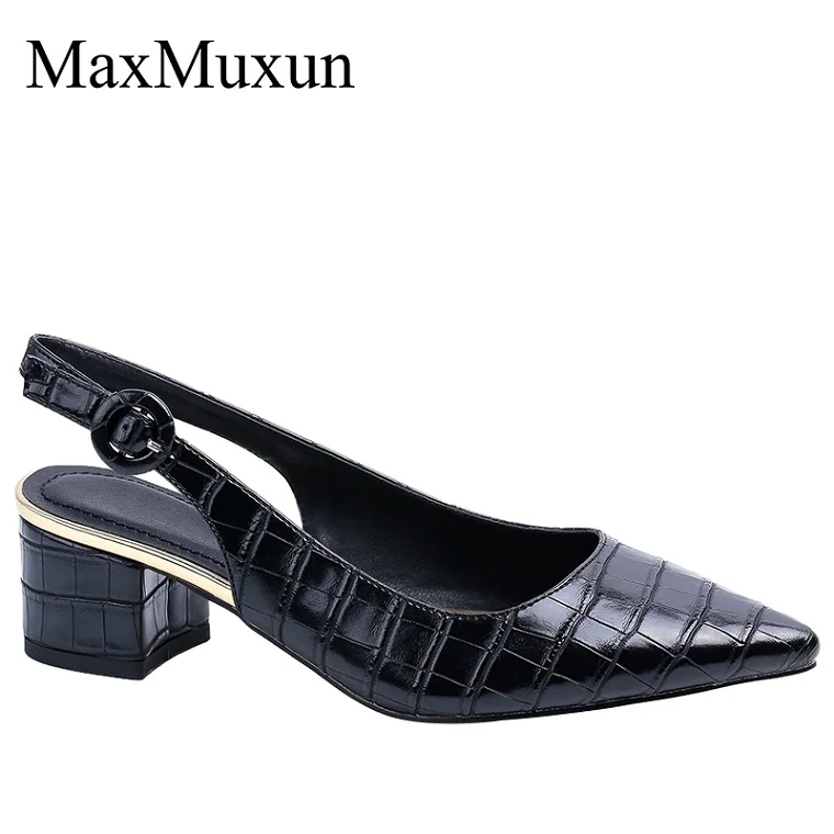 MaxMuxun Женщины Sexy Slingback острым носом туфли на высоком каблуке Блестящий каблук Кроко-эффект Летние платья - Цвет: black