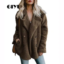 GIYU Winter Long Sleeve Vintage Jackets with Buttons Women Faux Fur Coat Casual Double Breasted chaqueta mujer faux fur double breasted coat