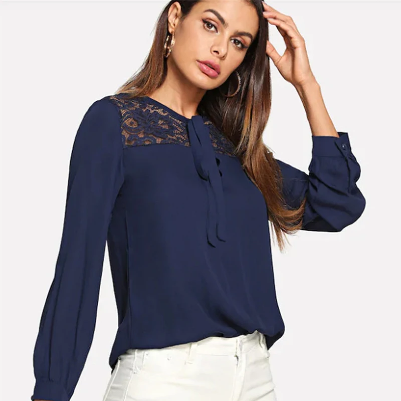 2019 Women Casual Tops Chiffon Long Sleeve Blouse Ladies Loose Shirts Female Blusas Sexy Lace Mesh Shirt Patchwork Embroidery