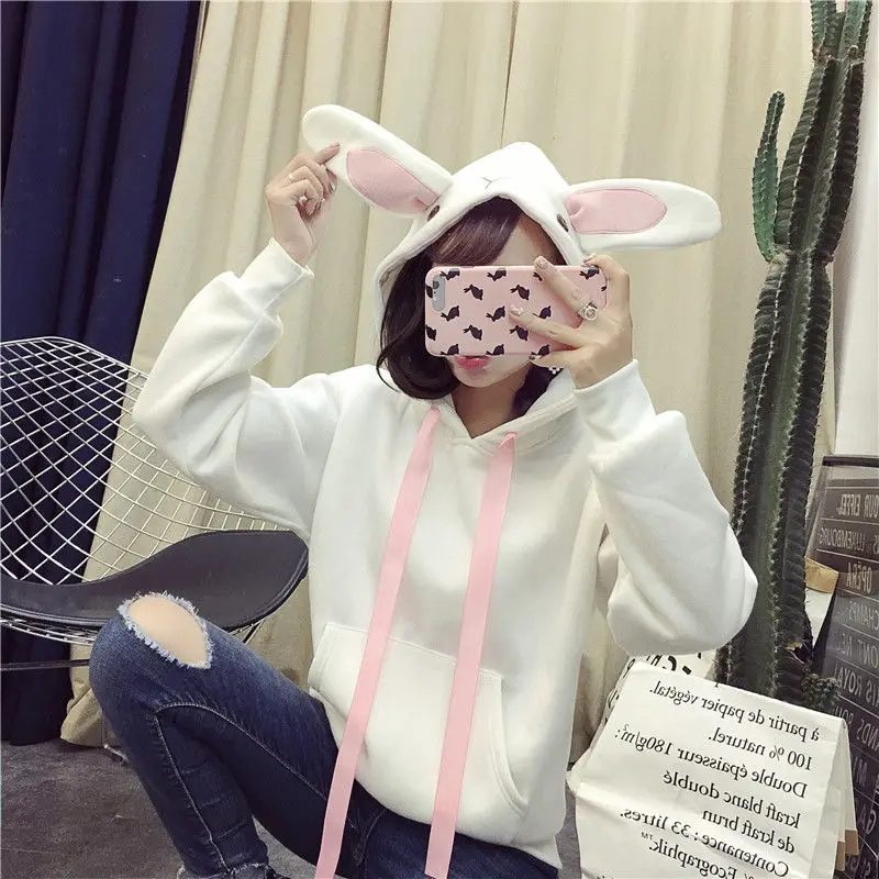 Women Sexy Hoodie Embroidery Print Cute Bunny Long Sleeve Hoody Female Loose Size Plush Treetwear Clothes 2019 Top Clothes