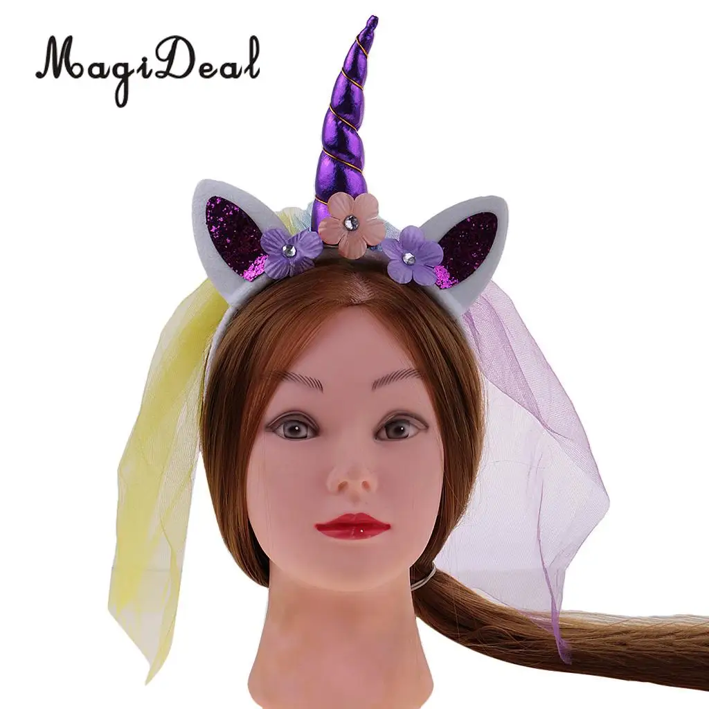 MagiDeal Unicorn Rose Flower Veil Headband Costume Cosplay Party Fancy Dress for Birthday Baby Shower Christmas Halloween Decor