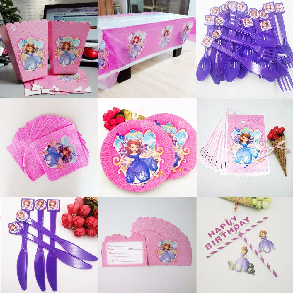 

Sofia Princess Party Supplies Napkins CandlesTablecloth Plates Cup Knives And Forks Spoons Popcorn Birthday Decoration