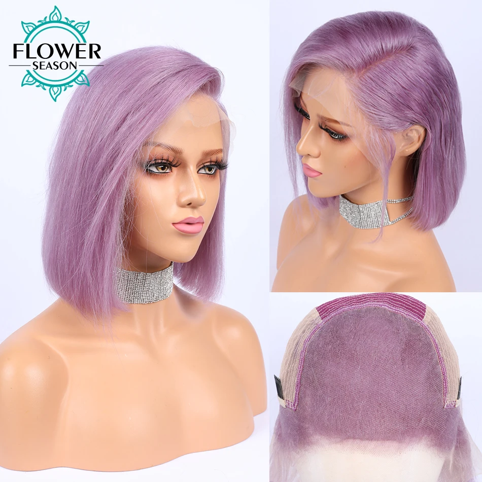 

Purple Bob Lace Front Human Hair Wigs With Baby Hair Brazilian Remy Hair 13x6 Short Lace Wig FLOWERSEASON