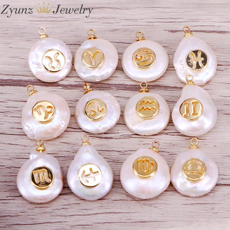 

12PCS, Gold Color Zodiac Sign Charm Pendants Real White Coin Natural Pearl 12 Constellation Pendants for Women Male Jewelry