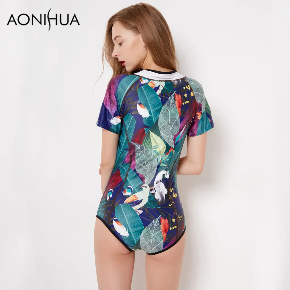 AONIHUA ملابس النساء بدلة سباحة من قطعة واحدة 2018 خمر الطيور طباعة الأخضر يترك قصيرة الأكمام تصفح الاستحمام ملابس سباحة XXL AONIHUA ملابس النساء بدلة سباحة من قطعة واحدة 2018 خمر الطيور طباعة الأخضر يترك قصيرة الأكمام تصفح الاستحمام ملابس سباحة XXL