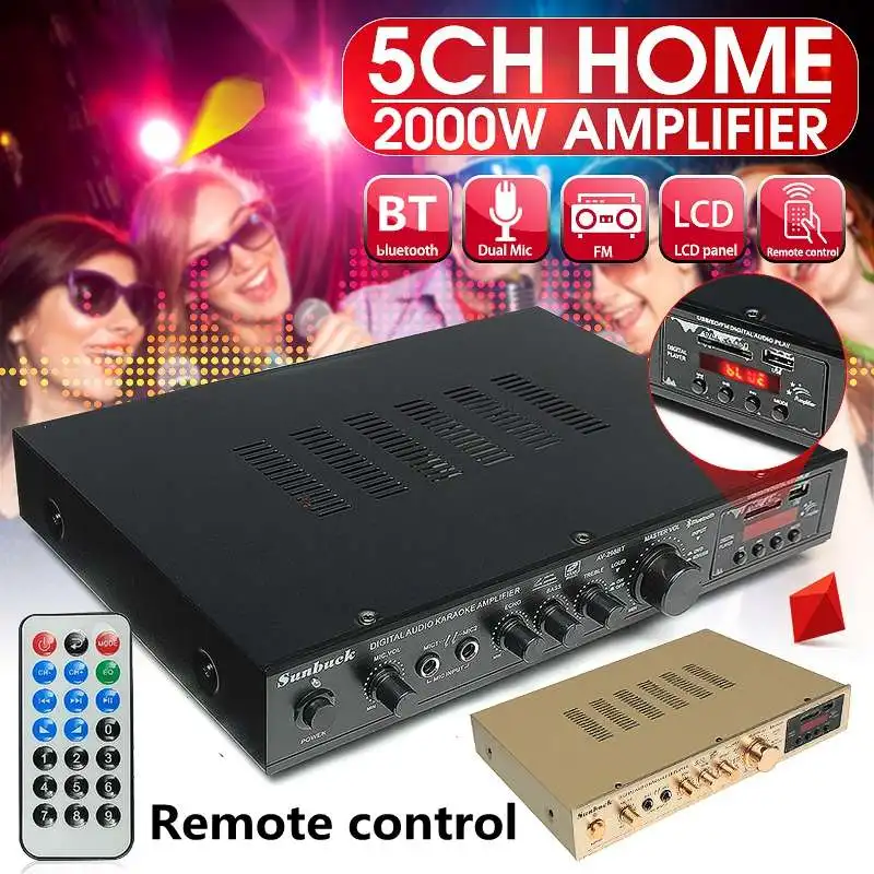 

298B bluetooth 2.0 Channel 2000W 5 Channel Audio Power Amplifier 220V AV Amp Speaker with Remote Control Support FM USB SD Cards