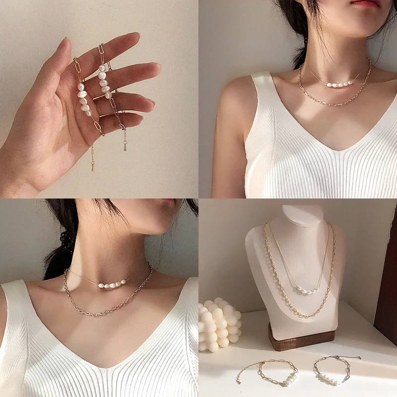 

Korean Large Pearl Necklace Double Layered Fresh Water Pearl Clavicle Chain Fashion Female Pearl Bracelet 2019 Bohemian Necklace