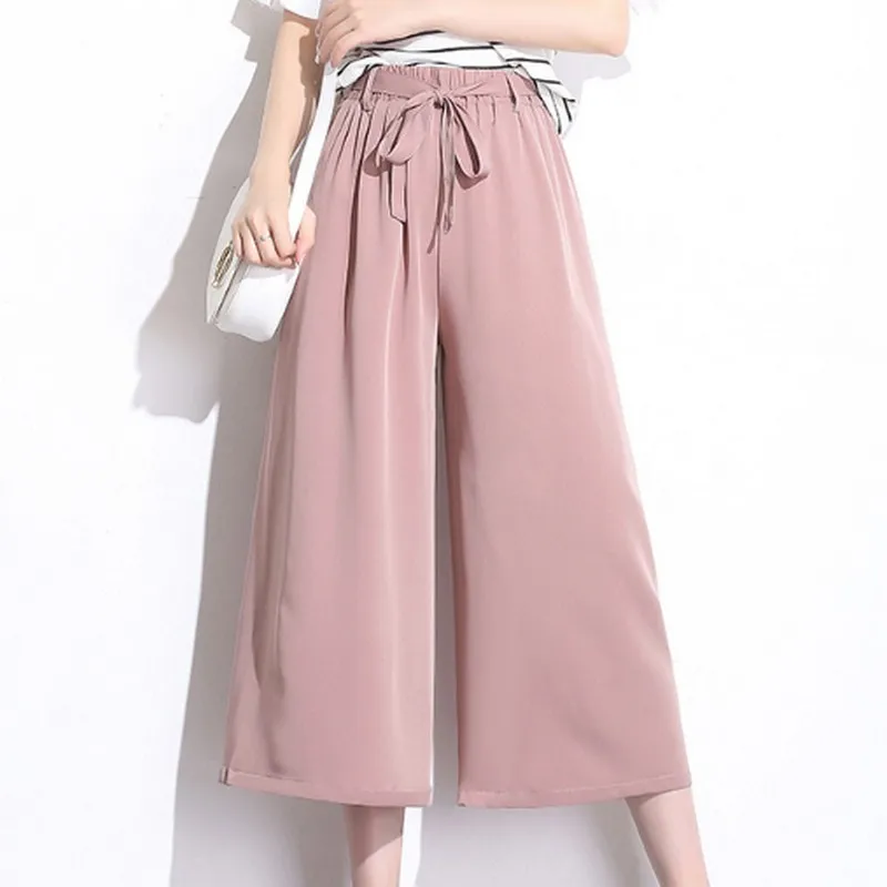 

Plus Size Black Chiffon Elastic Waist Calf-length Wide Leg High Waist Pants Women Summer Casual Loose with Sashes Pants Female