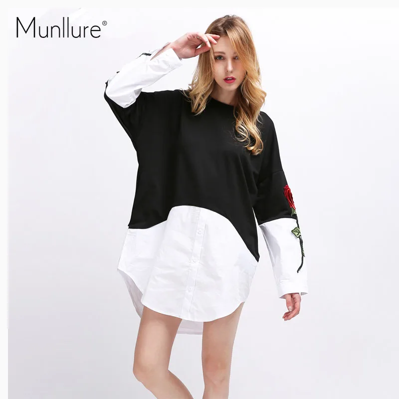 Munllure 2017 Autumn Sweater Dress O Neck Patchwork Knitted Dress Long Sleeved Shirt Embroidery Women Dress