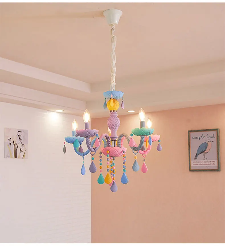 Personality colorful glass for children's room decoration chandelier macaron color crystal LED E14 lighting hanging chain adjust