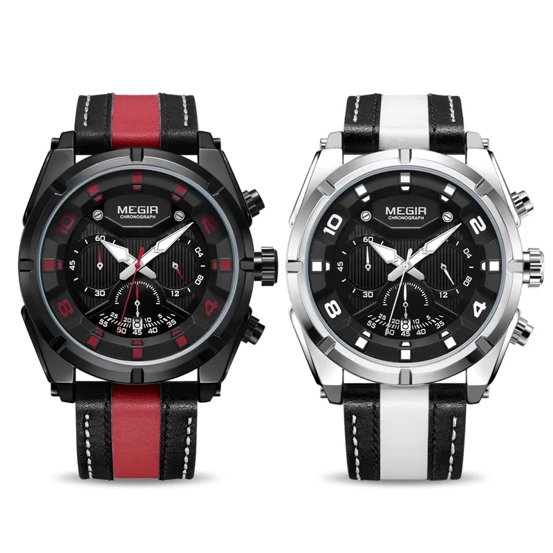 MEGIR Chronograph Sport Watch Men Quartz Wristwatches Clock Fashion Leather Army Military Watches H
