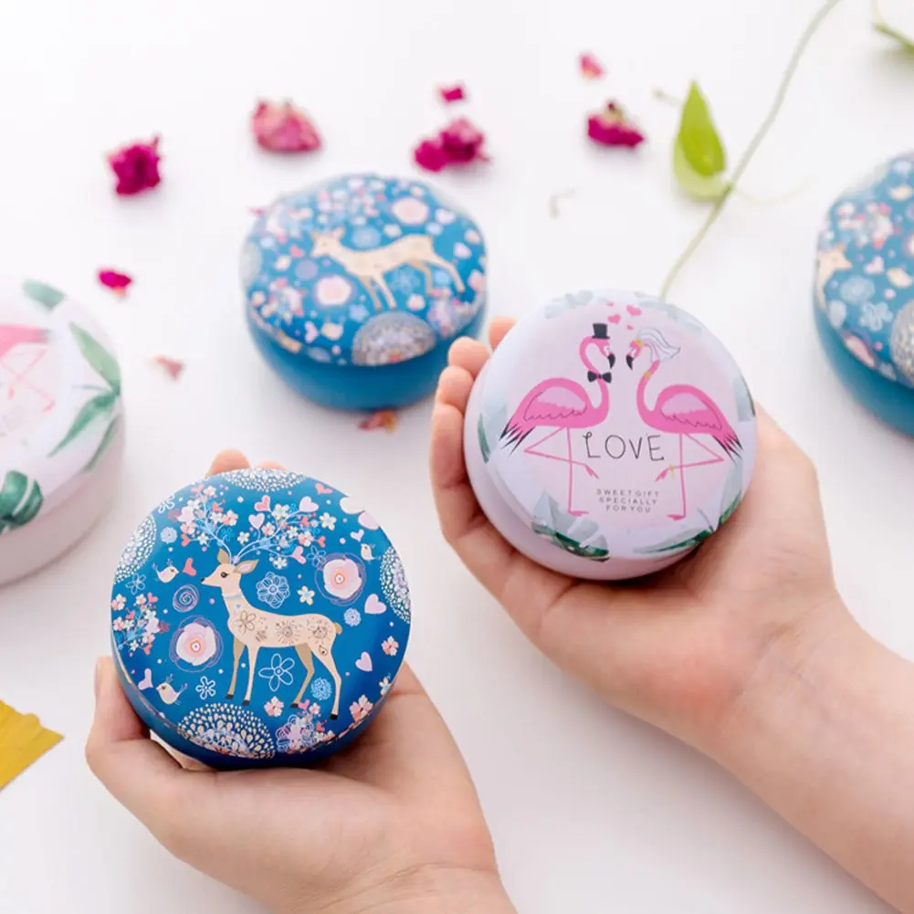 

Cute Animal Cartoon Flamingo Deer Gift Box Round Shape Tinplate For Kids Stationery Candy Women's Jewelry Storage Box 2Sizes