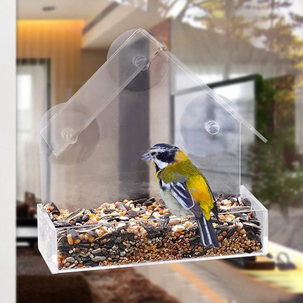 Прозрачный акриловый Тип адсорбции форма дома кормушка для птиц инновационный всасывающий кормушка-чашка принадлежности для птиц