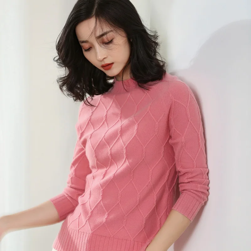 JECH Spring and autumn new women's sweater pullover high collar plaid pure cashmere knit women's fashion cashmere sweater coat Sweaters